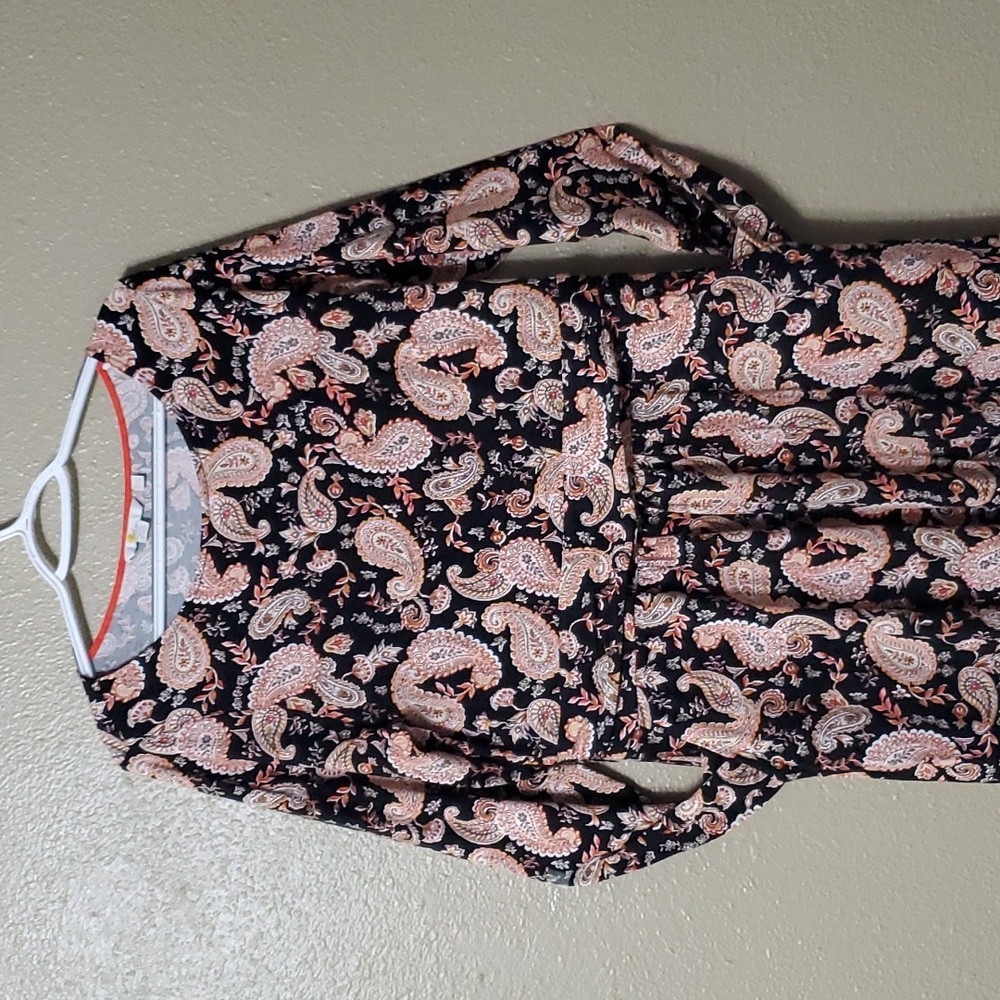Boden Paisley Size 12R Longsleeve Dress Jersey Knit Pockets Stretch Black Orange